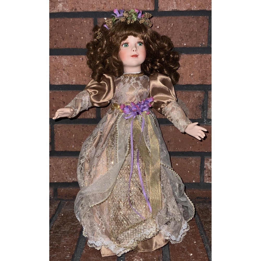Vintage Porcelain Doll Gold Lace Victorian Gown Auburn Ringlets Green Eyes 14in